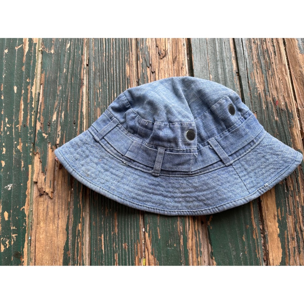 Vintage Blue Cotton Bucket Hat Sun Fishing Boonie Cap Made in Hong Kong Large